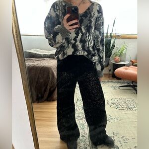 Free People Black Velvet Patterned Wide-Leg Pants